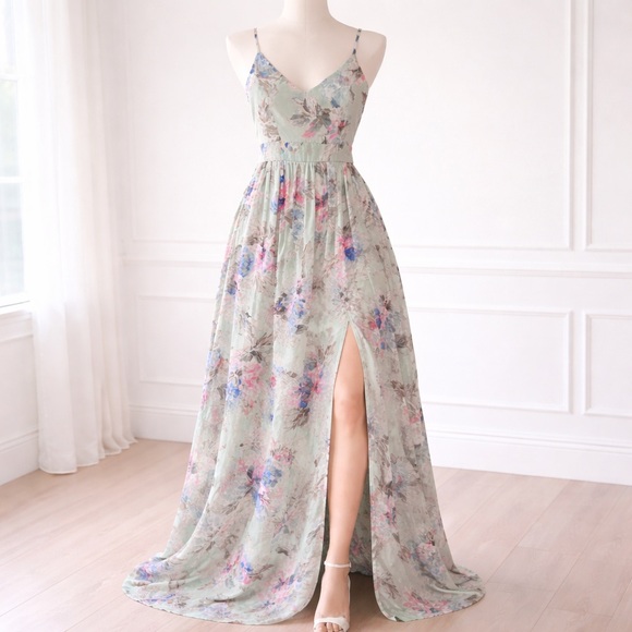 Miss California Dresses & Skirts - Sage Green Floral Maxi Dress High Slit Cottagecore Romantic Slip Dress S